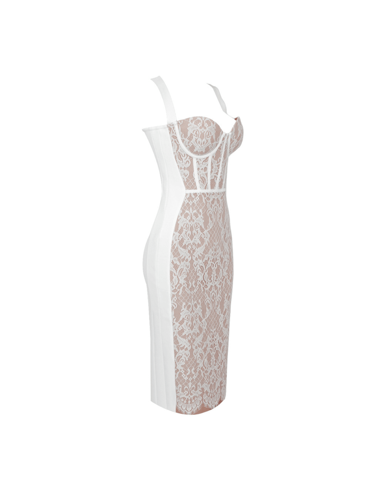 Finbar Lace Bandage Dress in White featuring elegant patchwork design and high stretch fabric for a flattering fit.
