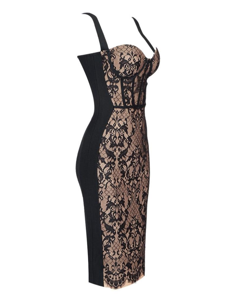 Finbar Lace Bandage Dress in black, featuring intricate lace details and a stylish bandage design, perfect for elegant occasions.