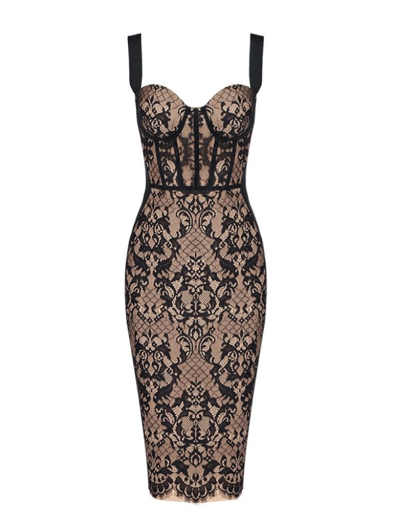 Finbar Lace Bandage Dress in black, featuring intricate lace details and a stylish bandage design, perfect for elegant occasions.