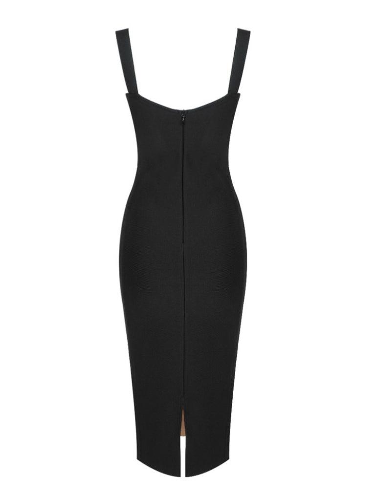 Finbar Lace Bandage Dress in black, featuring intricate lace details and a stylish bandage design, perfect for elegant occasions.