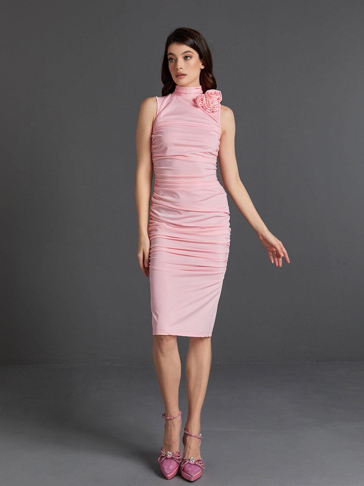 Side view of the Fionnuala Flower Ruched Midi Dress highlighting its elegant silhouette and ruched texture.