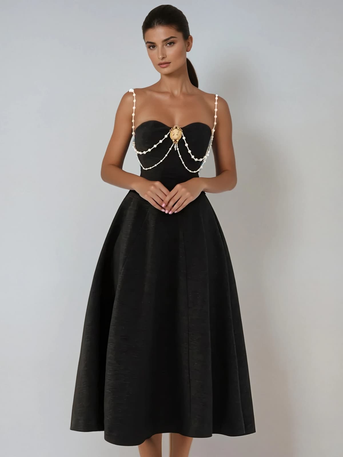 Fioritar Spaghetti Pearl Chain Bandage Midi Dress