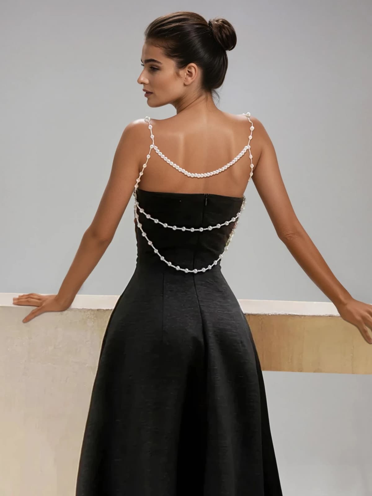 Fioritar Spaghetti Pearl Chain Bandage Midi Dress
