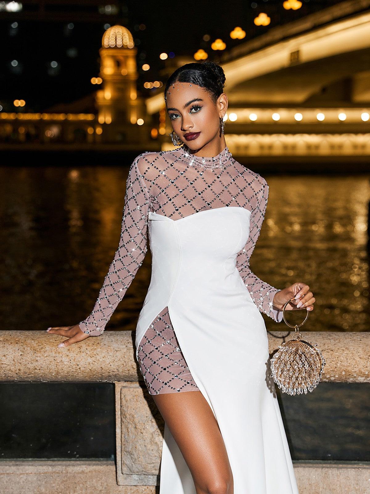 Foster Net Rhinestone Mesh Dress featuring long sleeves and elegant split design, perfect for formal events.