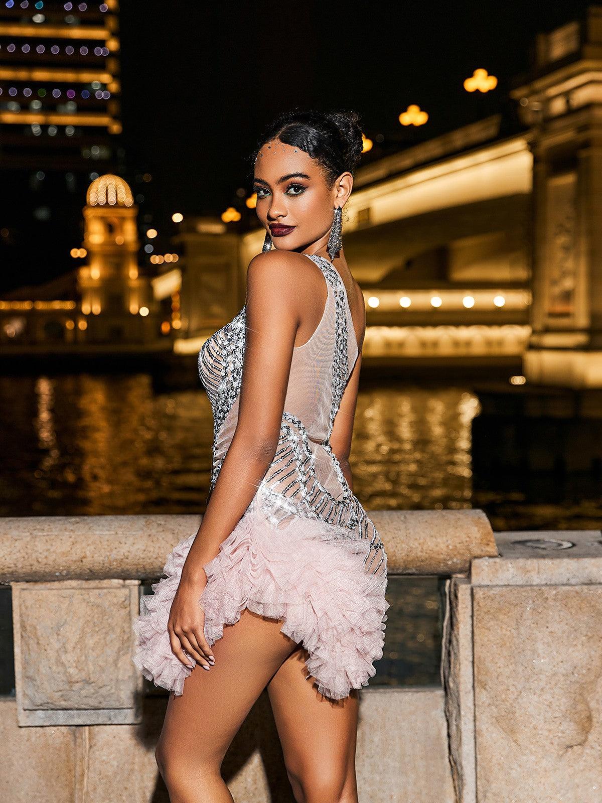 Foxe One Shoulder Tulle Sequin Mini Dress in Blush, perfect for parties and special occasions.