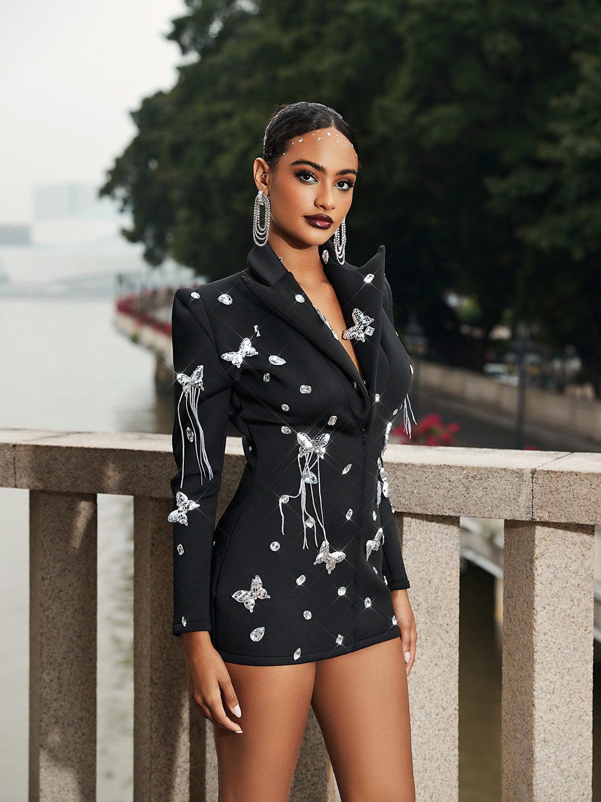 Elegant V-neck design of the Foy Butterfly Blazer Dress highlighted with butterfly embellishments.