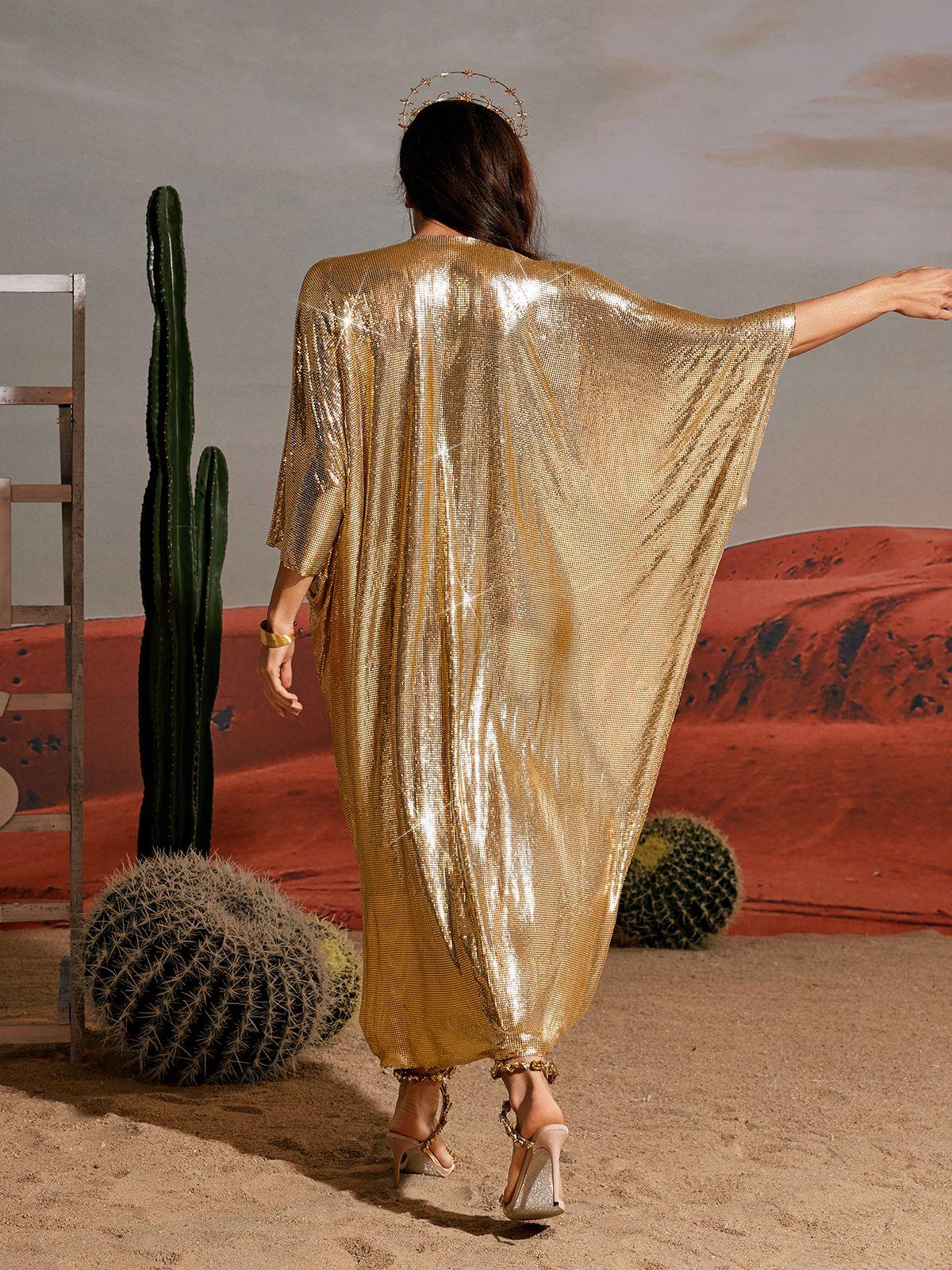 Fraser V Neck Chainmail Kaftan in gold, showcasing a unique design and high-quality stainless steel mesh fabric.