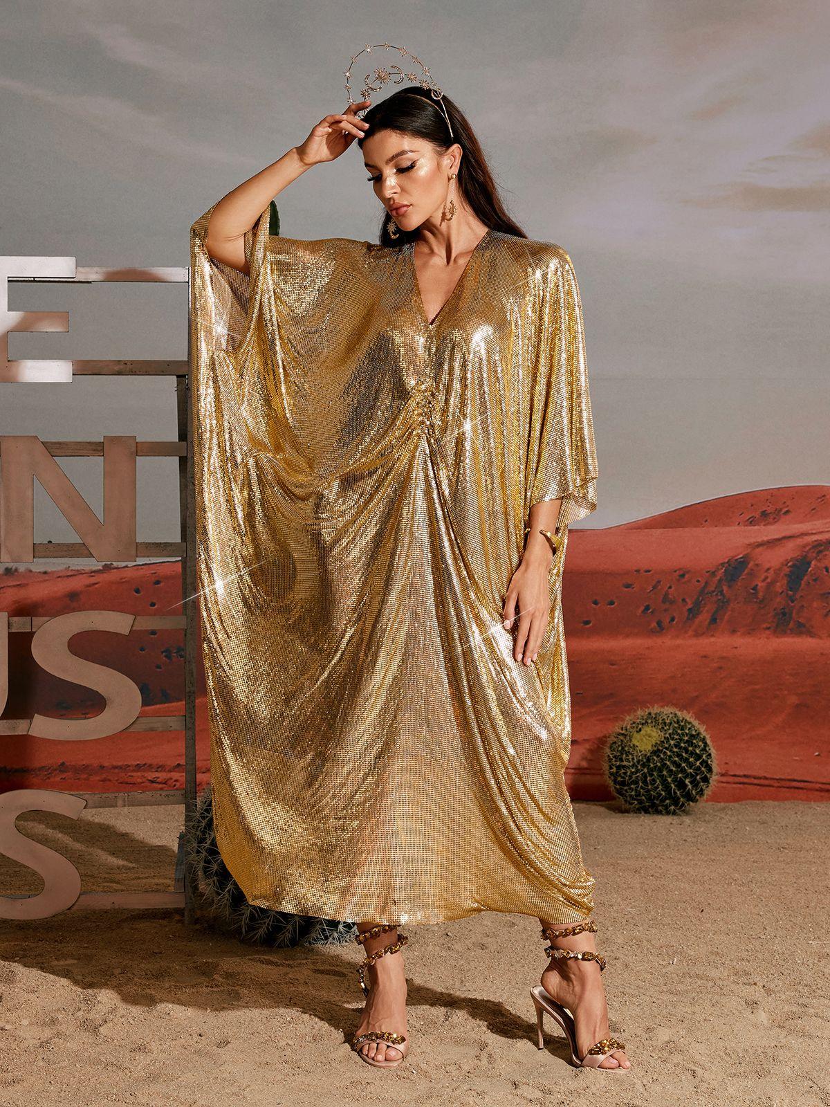 Close-up of the Fraser V Neck Chainmail Kaftan, highlighting its intricate chainmail design and elegant V neck.