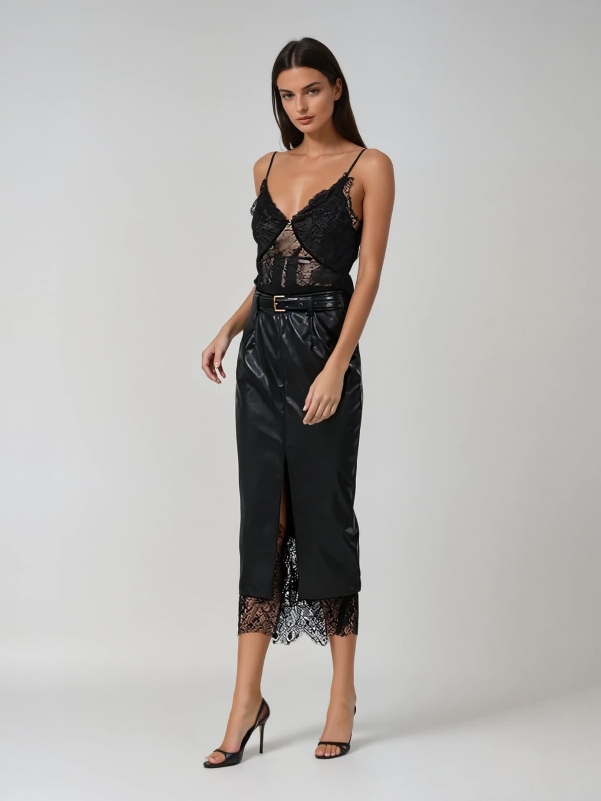 Frazilor Spaghetti Lace Leather Midi Dress