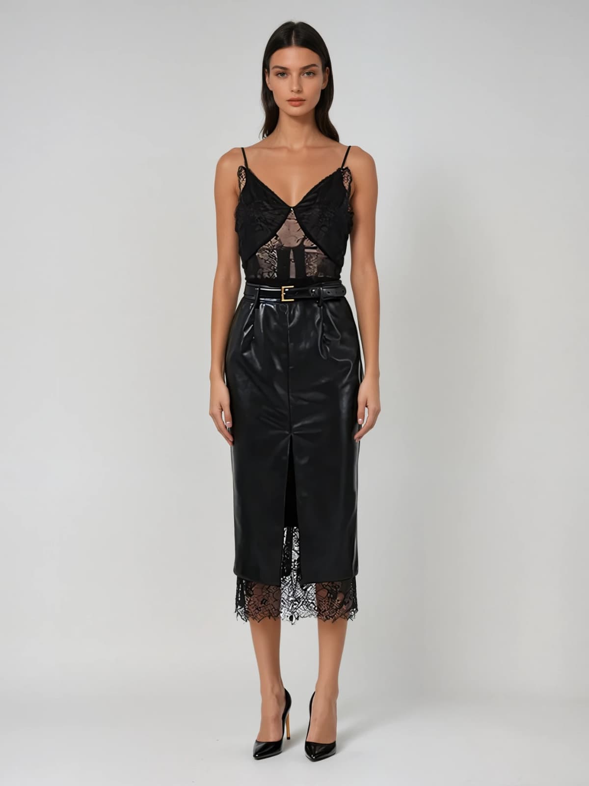 Frazilor Spaghetti Lace Leather Midi Dress