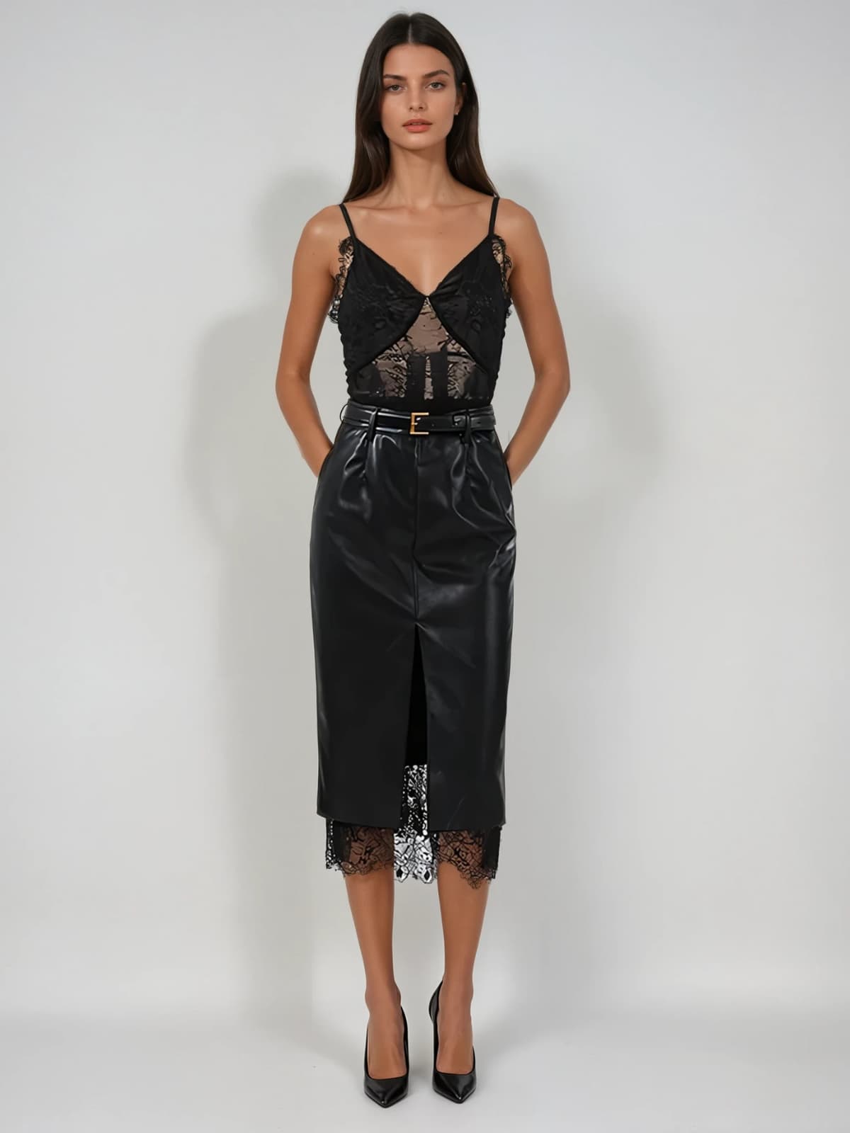 Frazilor Spaghetti Lace Leather Midi Dress