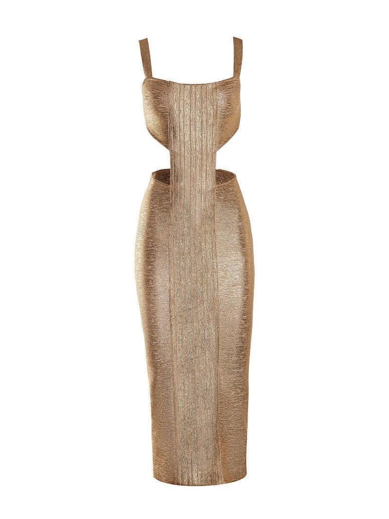 Freya Metallic Gold Maxi Bandage Dress featuring a glamorous design and figure-hugging silhouette.