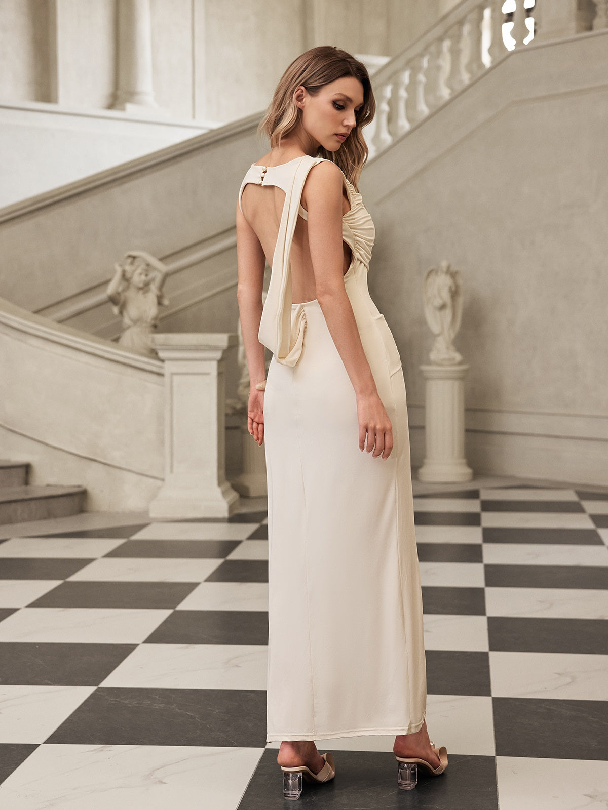 Fyrene Backless Ruched Split Maxi Dress In White