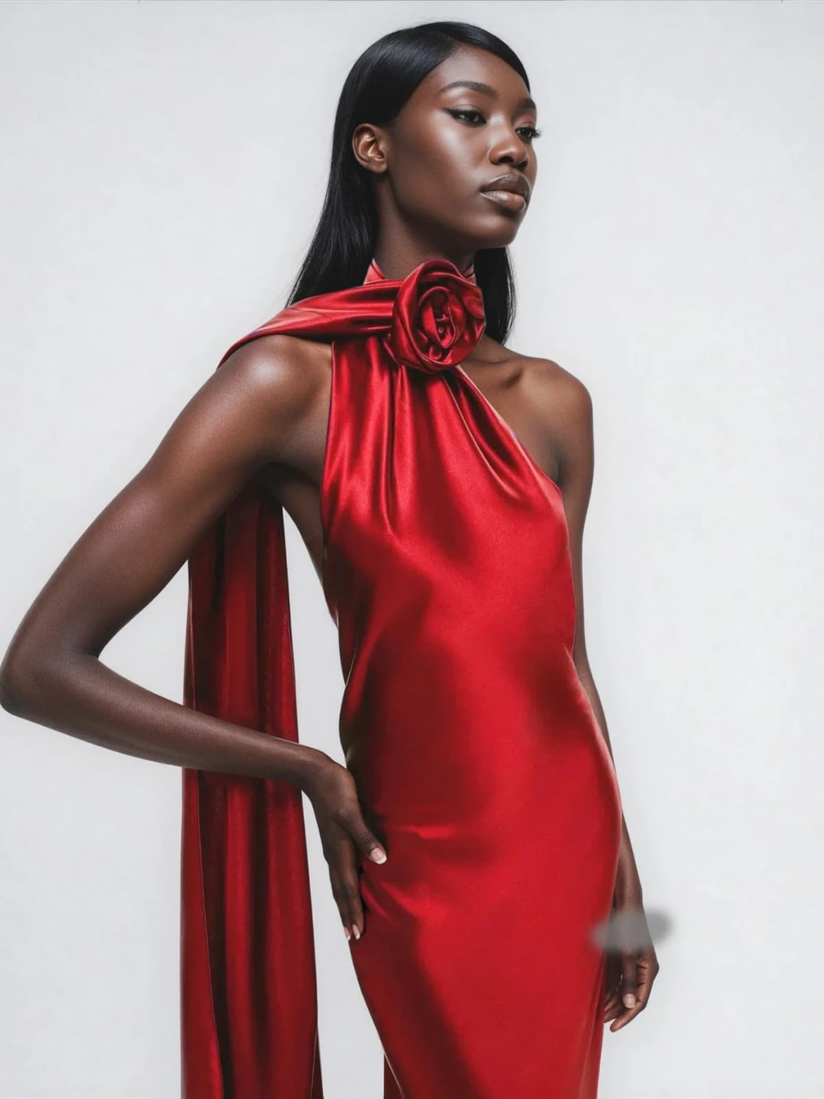 Fyria Halterneck Flower Satin Maxi Dress In Red