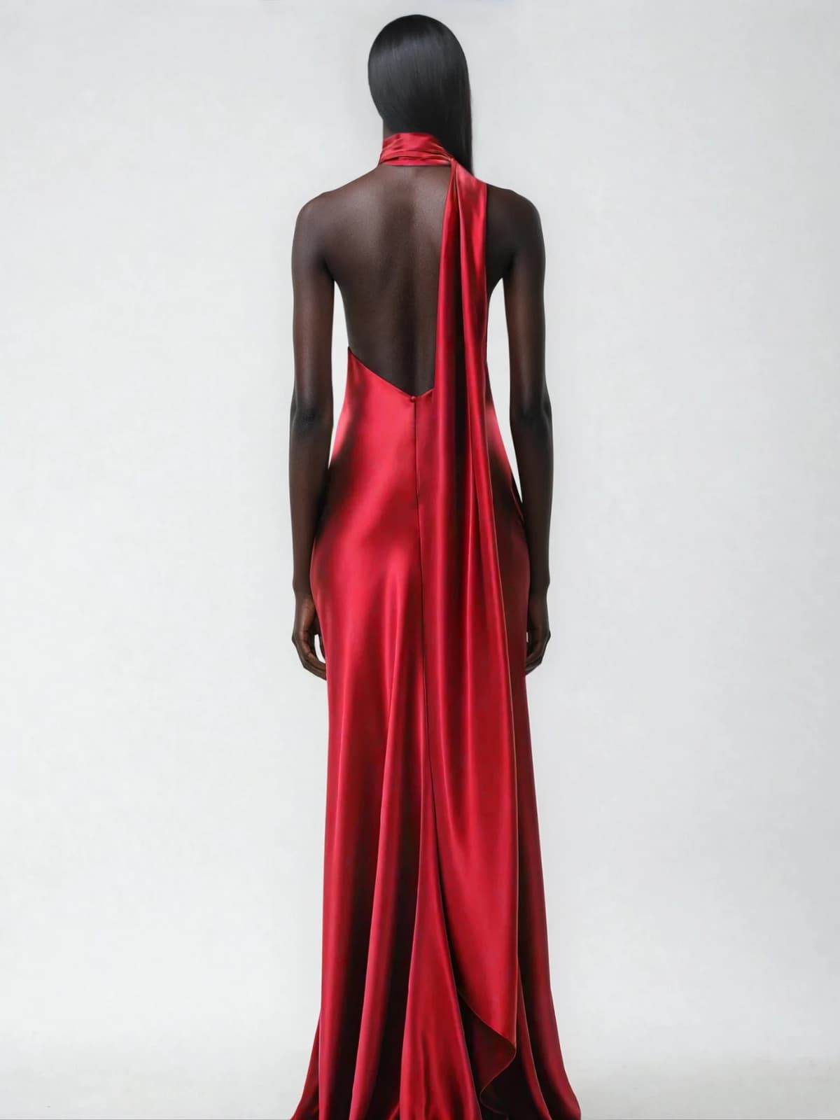 Fyria Halterneck Flower Satin Maxi Dress In Red