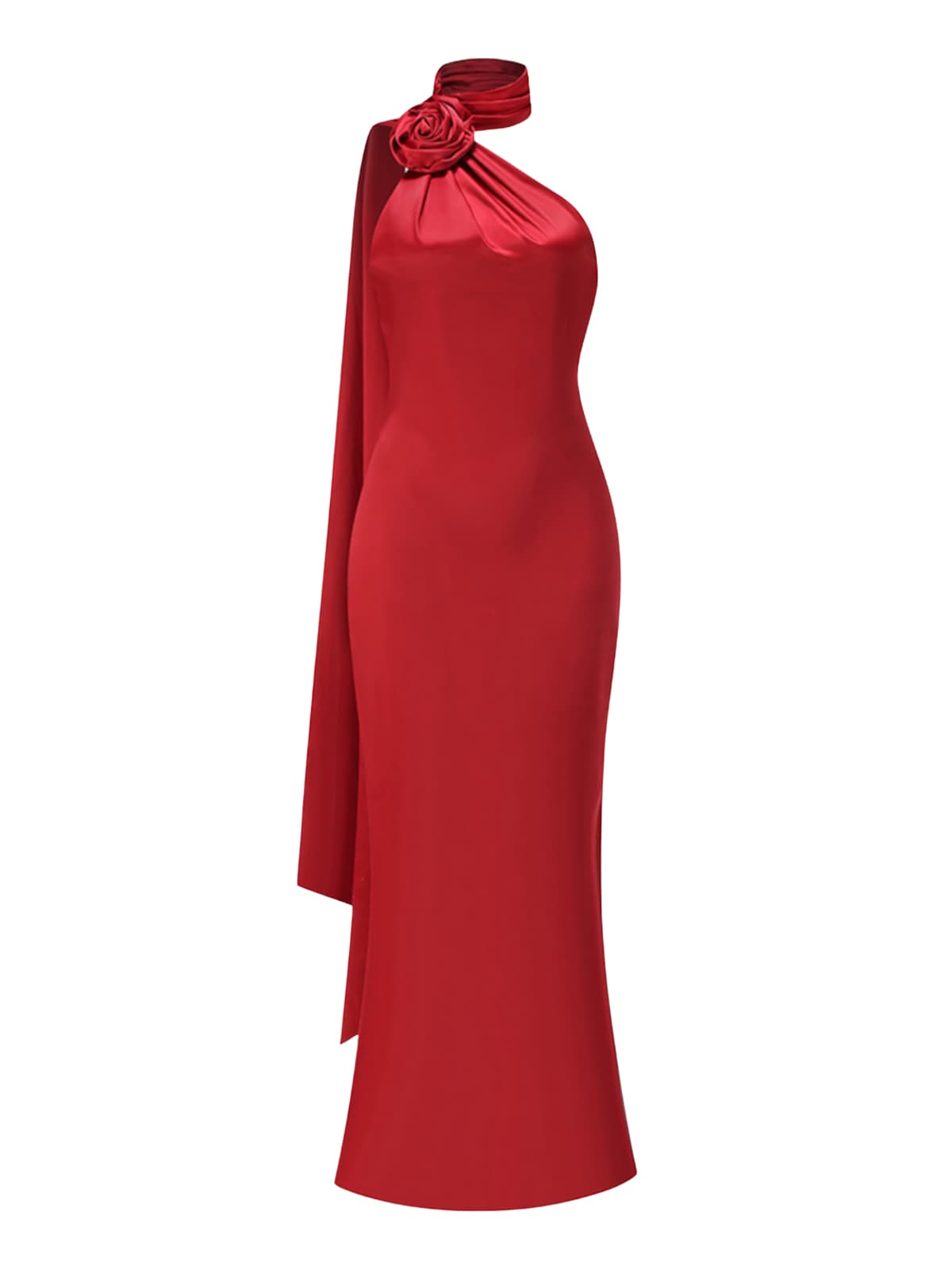 Fyria Halterneck Flower Satin Maxi Dress In Red