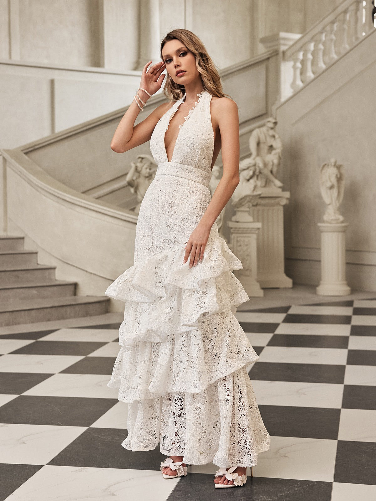 Fyrixel Halterneck Ruffle Tiered Maxi Dress