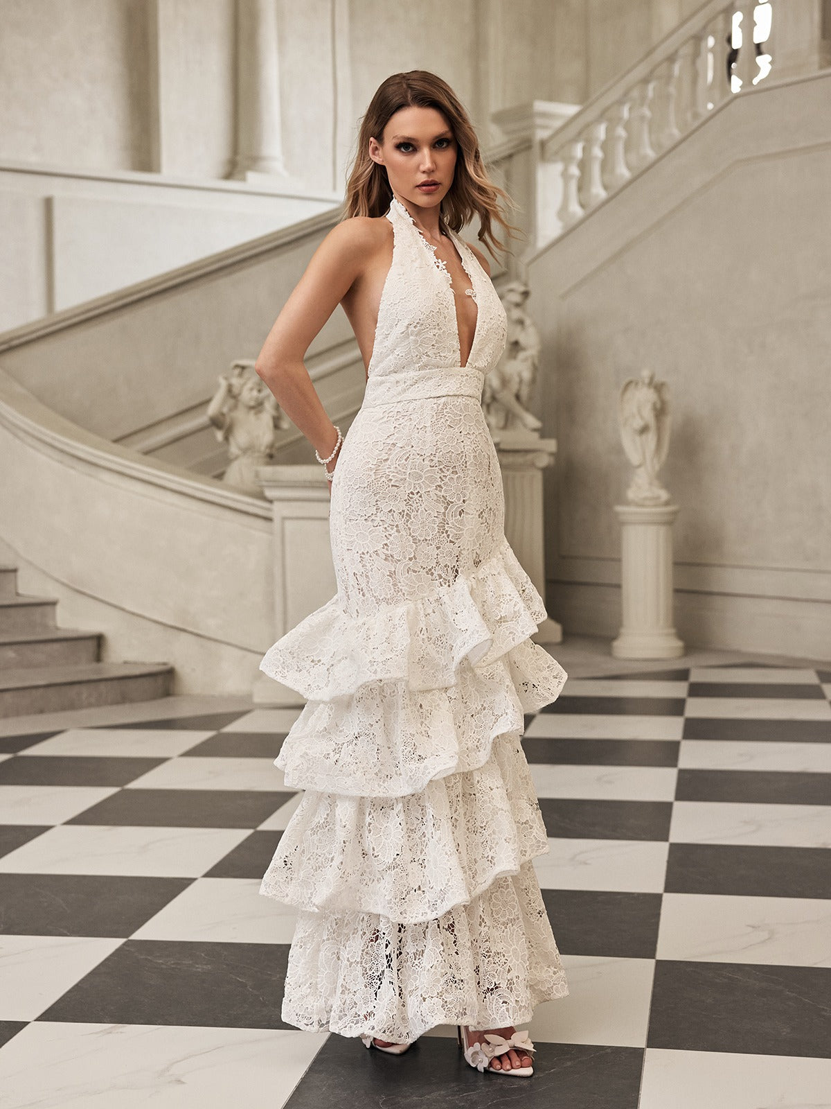 Fyrixel Halterneck Ruffle Tiered Maxi Dress
