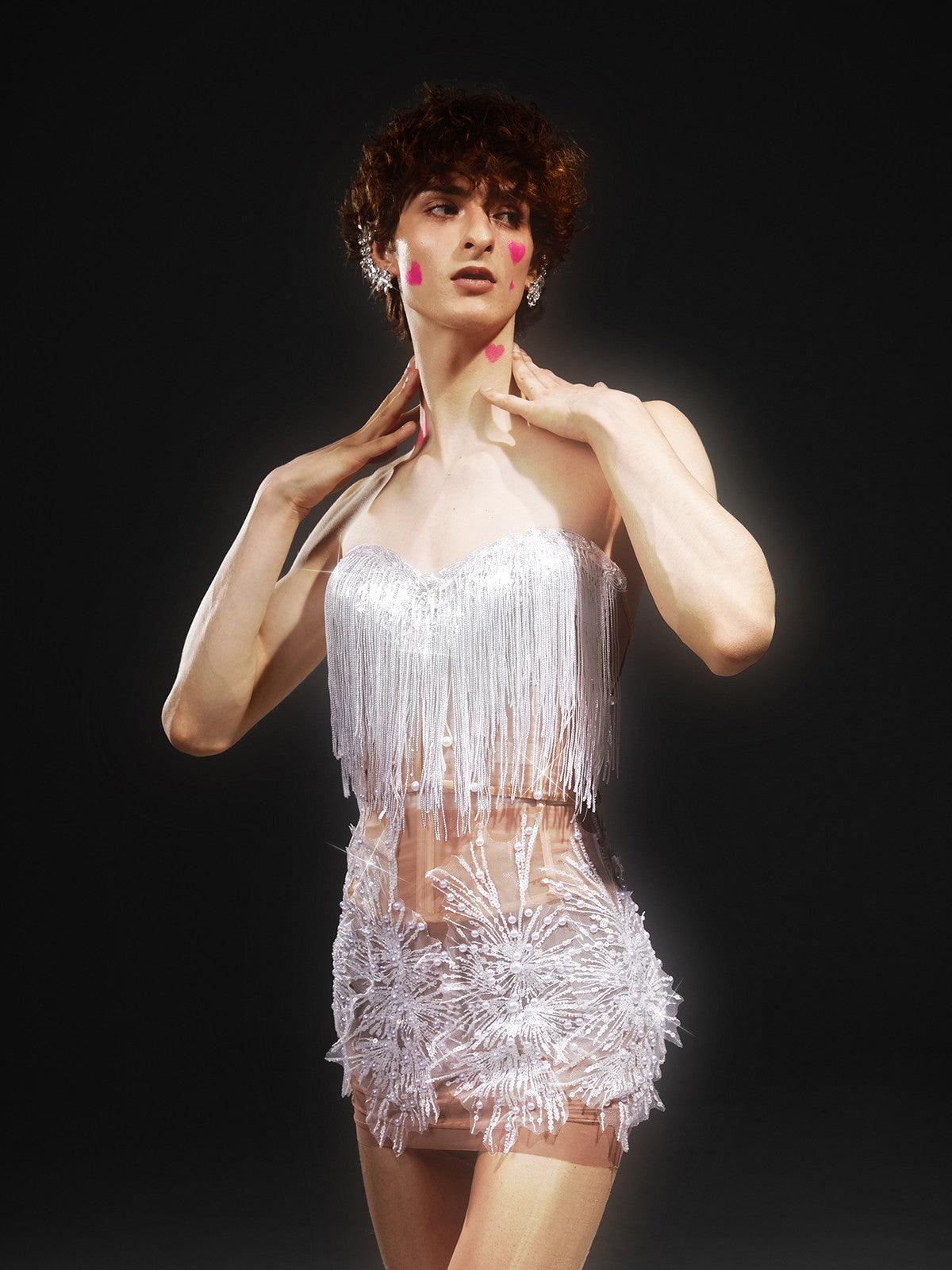 Gadiel Strapless Sequin Corset Mesh Dress showcasing a glamorous design with sparkling sequins and elegant corset details.