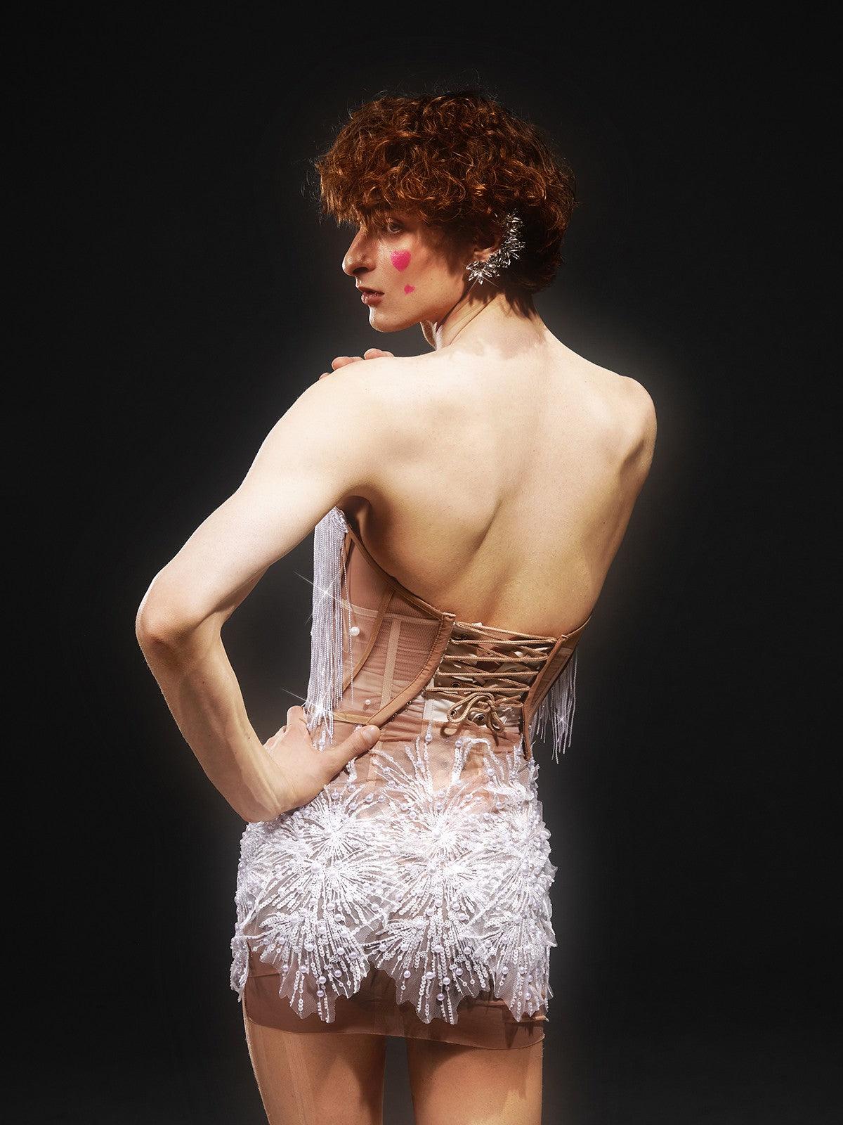 Gadiel Strapless Sequin Corset Mesh Dress showcasing a glamorous design with sparkling sequins and elegant corset details.