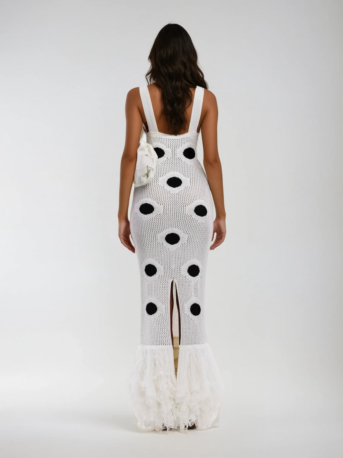 Gaelion Dot Fringe Knitted Midi Dress In White