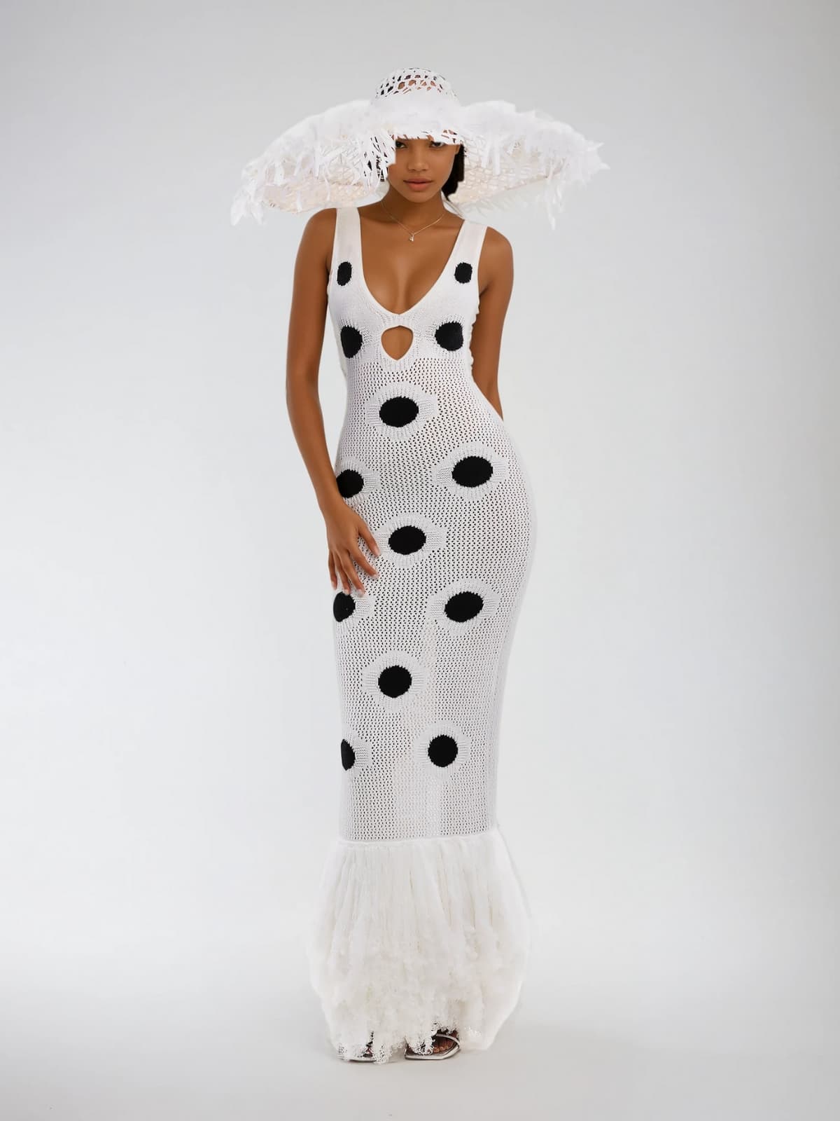 Gaelion Dot Fringe Knitted Midi Dress In White