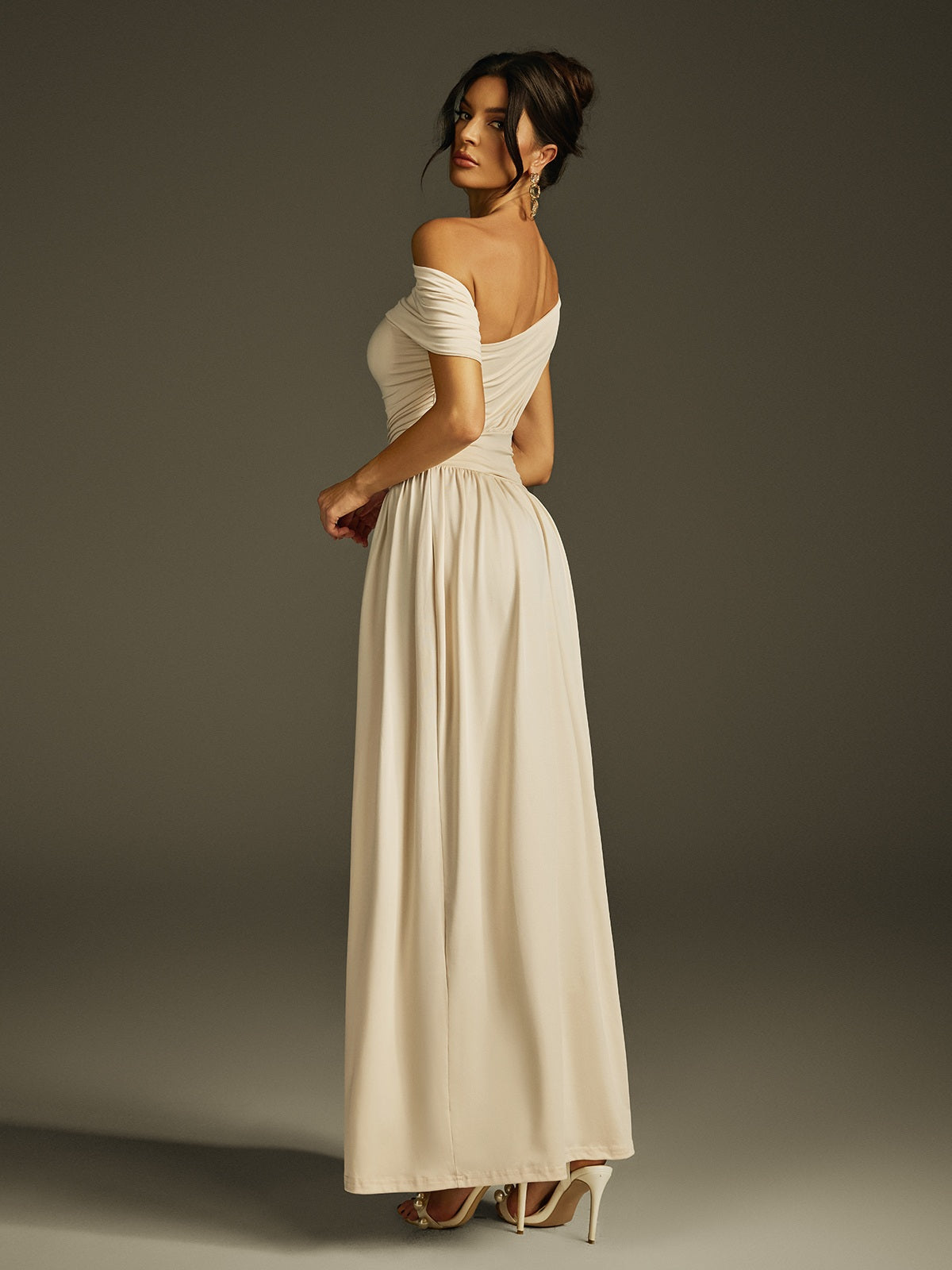 Gaelyra One Shoulder Ruched Maxi Dress In Apricot
