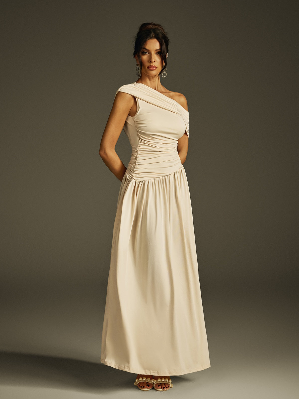Gaelyra One Shoulder Ruched Maxi Dress In Apricot