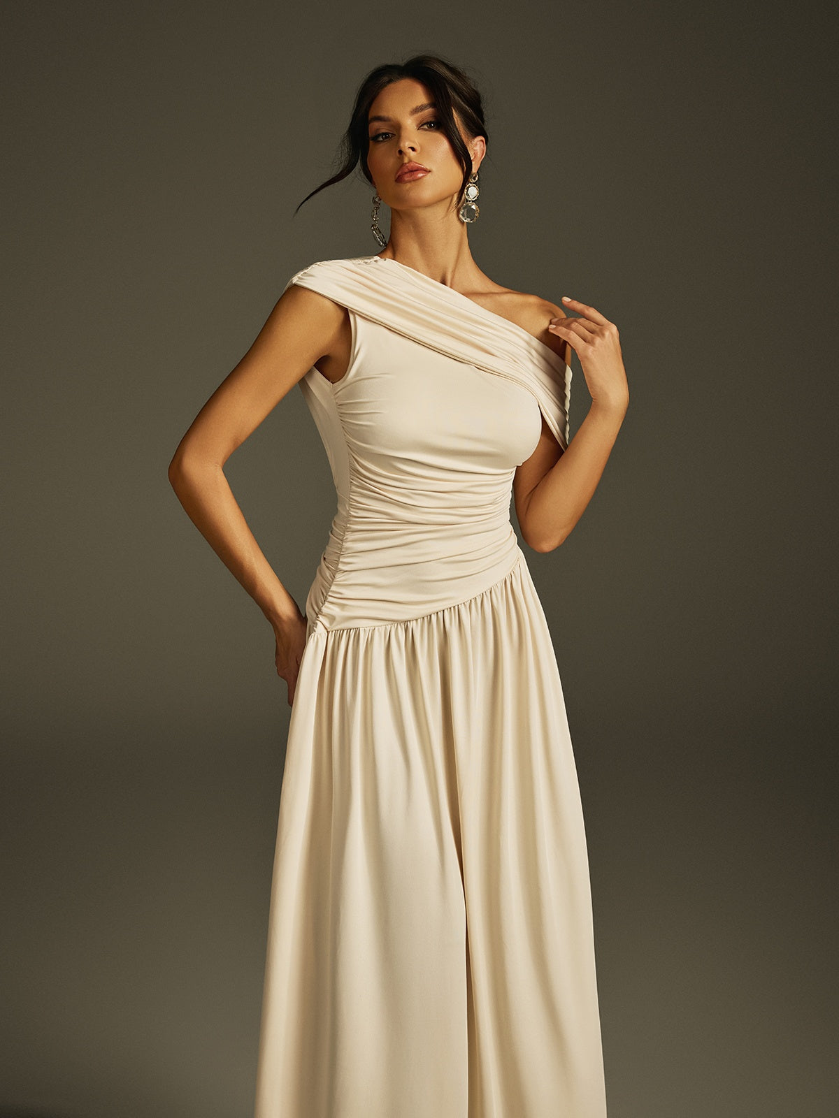 Gaelyra One Shoulder Ruched Maxi Dress In Apricot
