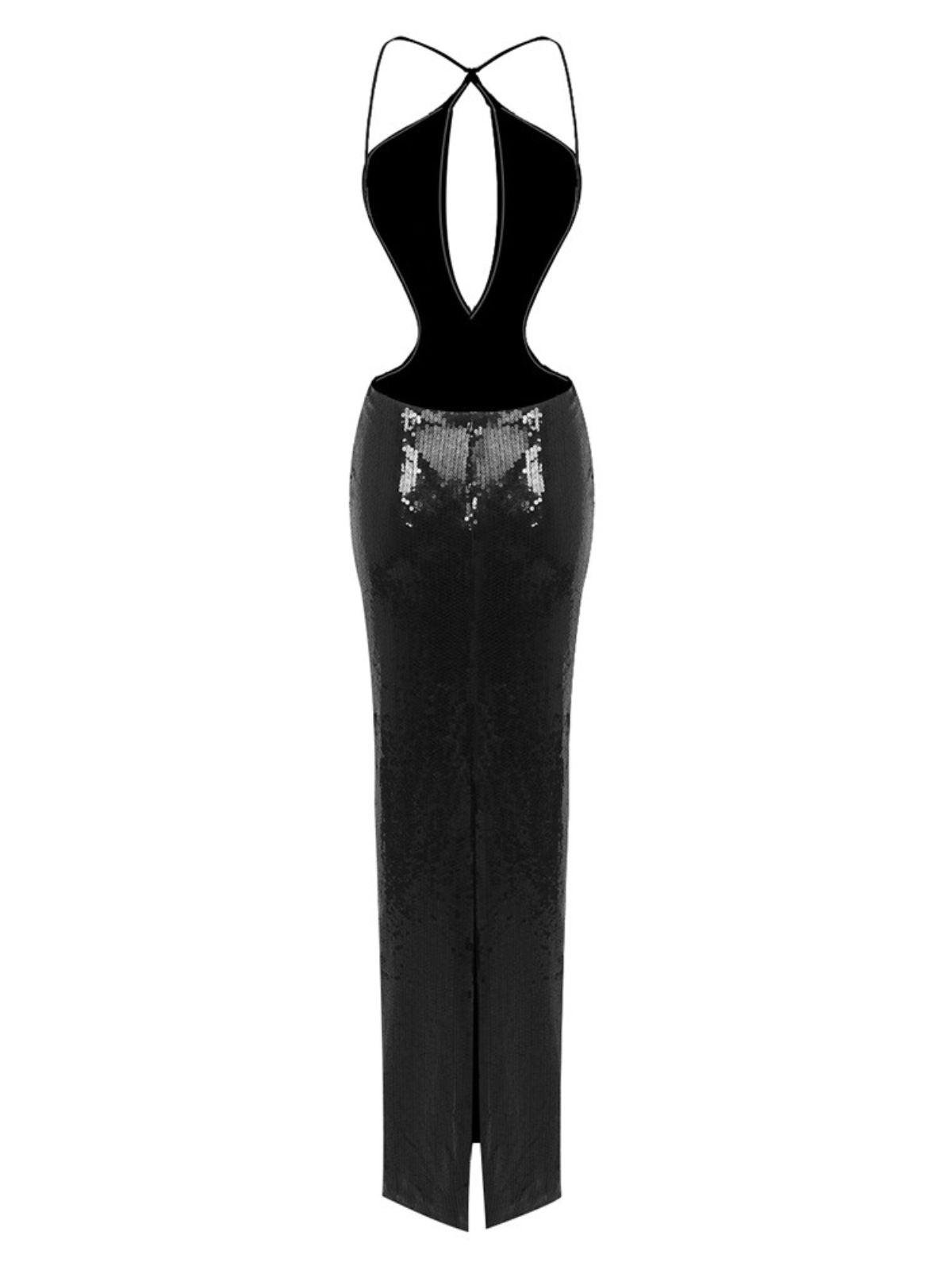 Elegant black Gaiwan cutout sequin maxi dress with halter neck for glamorous evening wear.
