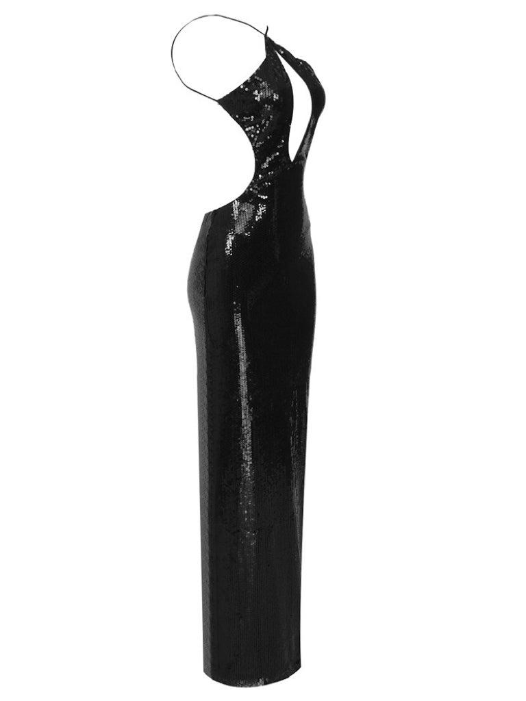 Elegant black Gaiwan cutout sequin maxi dress with halter neck for glamorous evening wear.