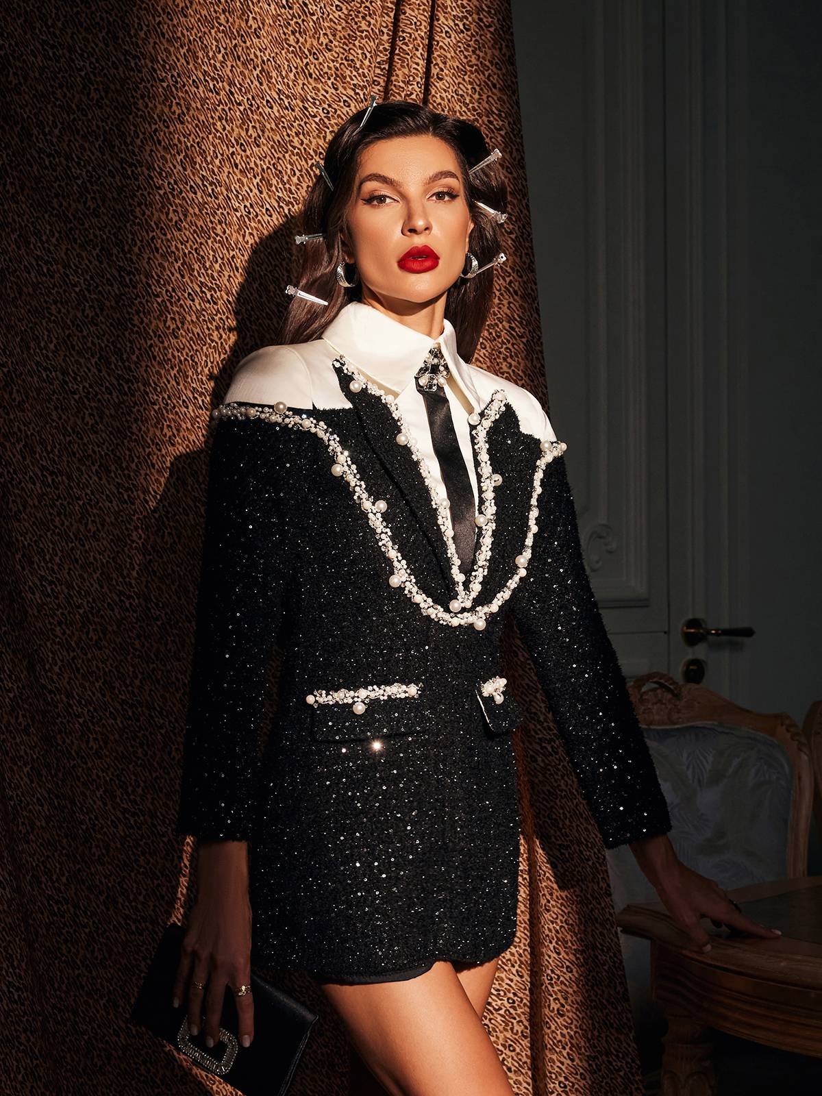 Galilea Embellished Sequin Collar Dress in black with a fitted silhouette and long sleeves, perfect for elegant occasions.