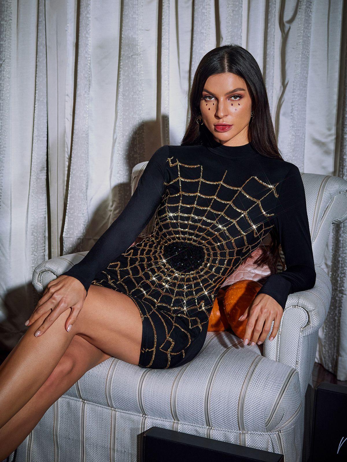 Galyn Long Sleeve Cobweb Mini Dress in black featuring a stylish cobweb design, perfect for festivals and parties.