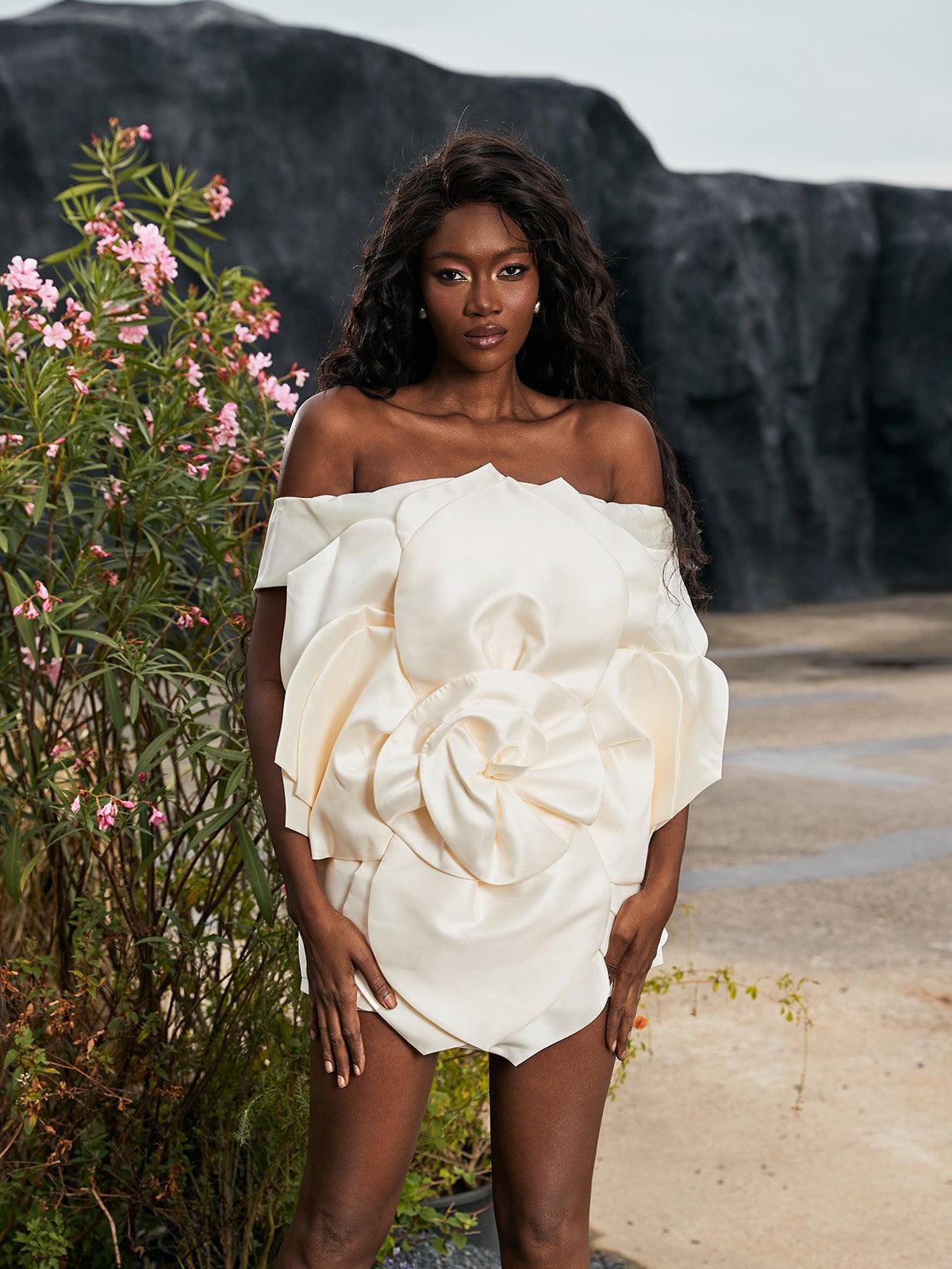 Gannon Off Shoulder Flower Satin Mini Dress in beige, perfect for cocktail events and parties.