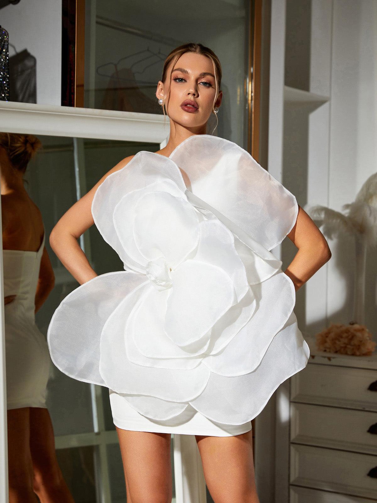 Gannon One Shoulder Flower Mini Dress in white with floral design, perfect for special occasions.