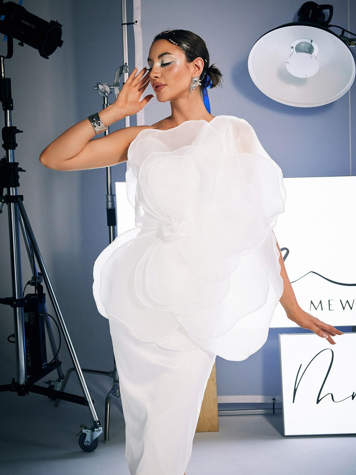 Gannon One Shoulder Flower Satin Midi Dress featuring floral accents and elegant satin fabric in a stylish midi length.