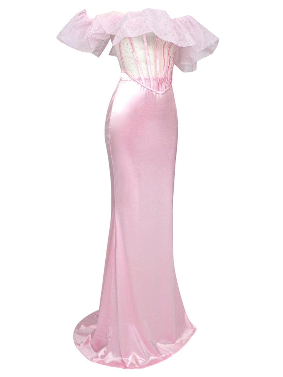 Garnet Off Shoulder Corset Satin Skirt Set showcasing elegant design and sophisticated style for evening events.