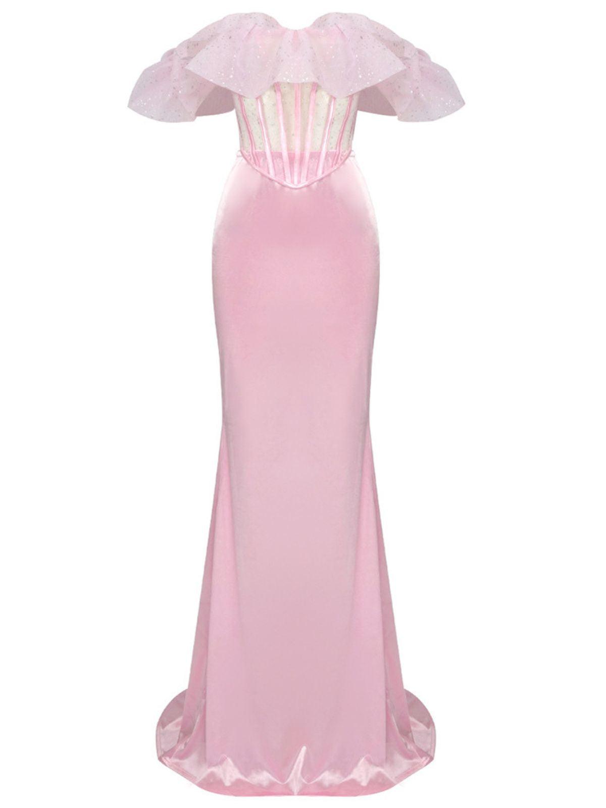 Garnet Off Shoulder Corset Satin Skirt Set displayed on a mannequin, emphasizing its timeless fashion appeal.