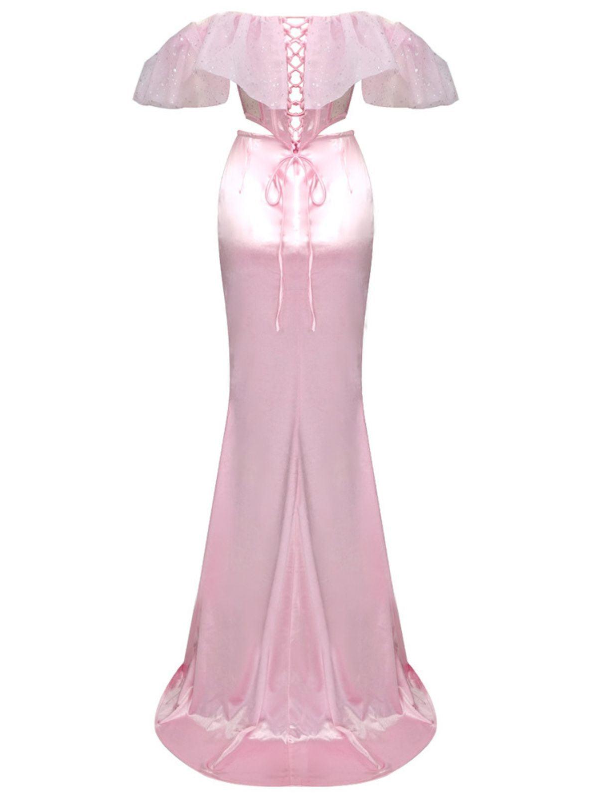 Garnet Off Shoulder Corset Satin Skirt Set showcasing elegant design and sophisticated style for evening events.
