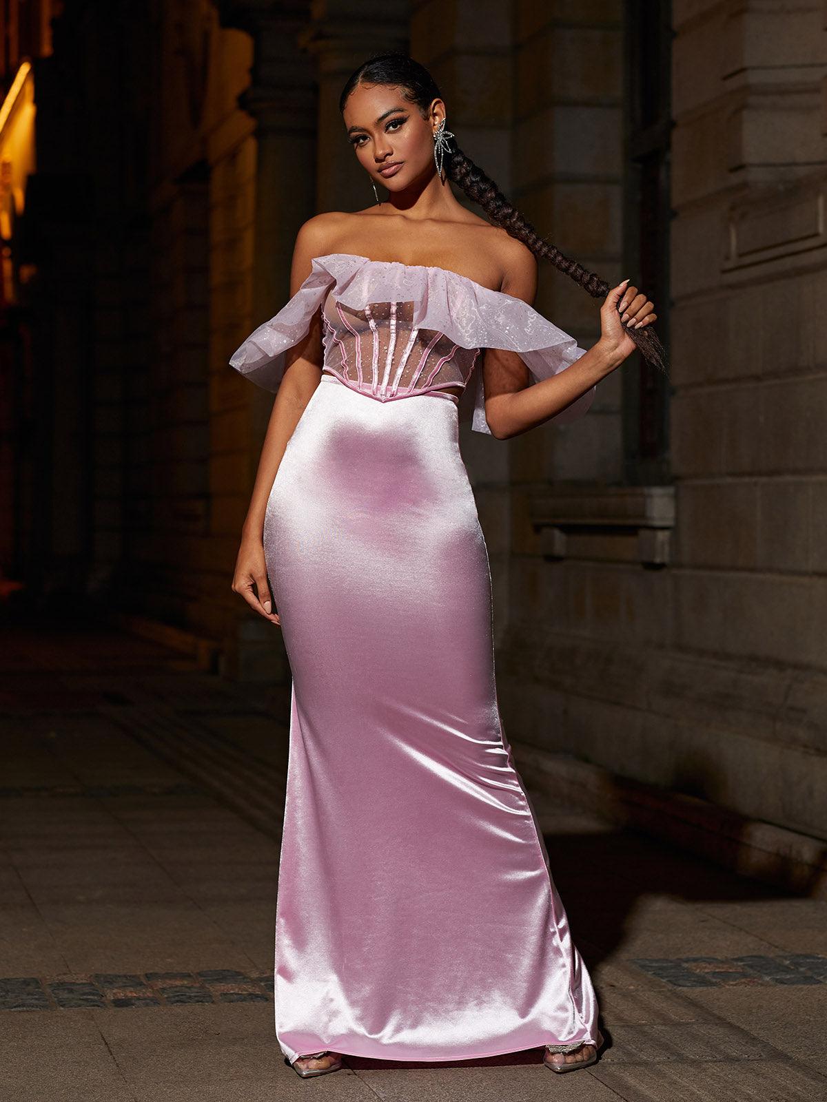 Back view of the Garnet Off Shoulder Corset Satin Skirt Set, featuring a stylish design and luxurious satin fabric.