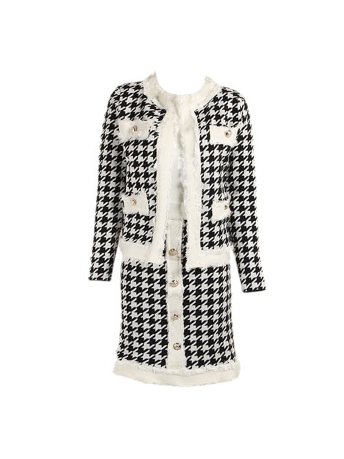 Gavi Houndstooth Knitted Skirt Set featuring a high-waisted skirt and long sleeve top in black, perfect for cocktail events.