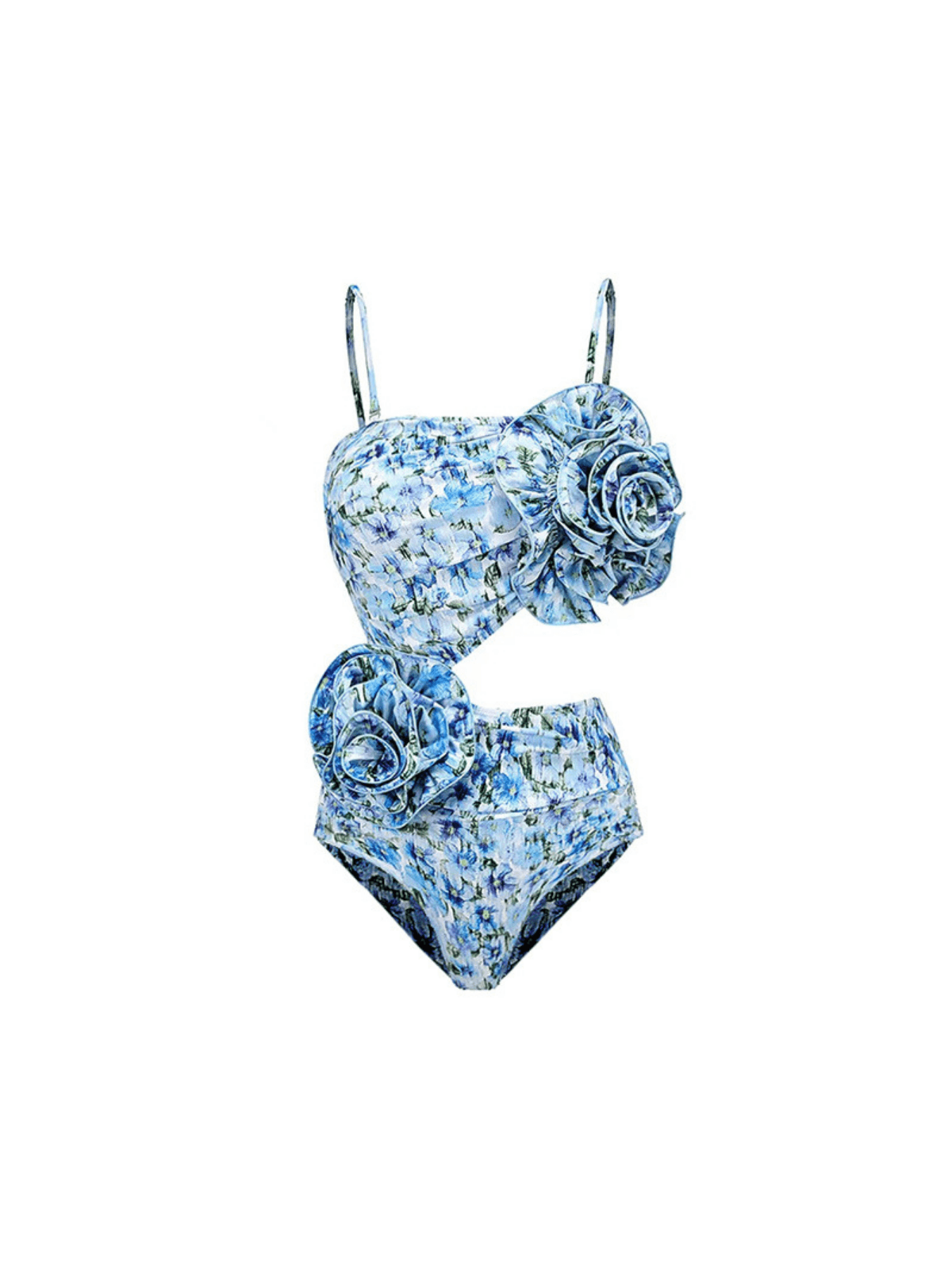 Gaviria Flower Cutout Two Piece Swimwear Set in blue with floral design, perfect for summer poolside fashion.