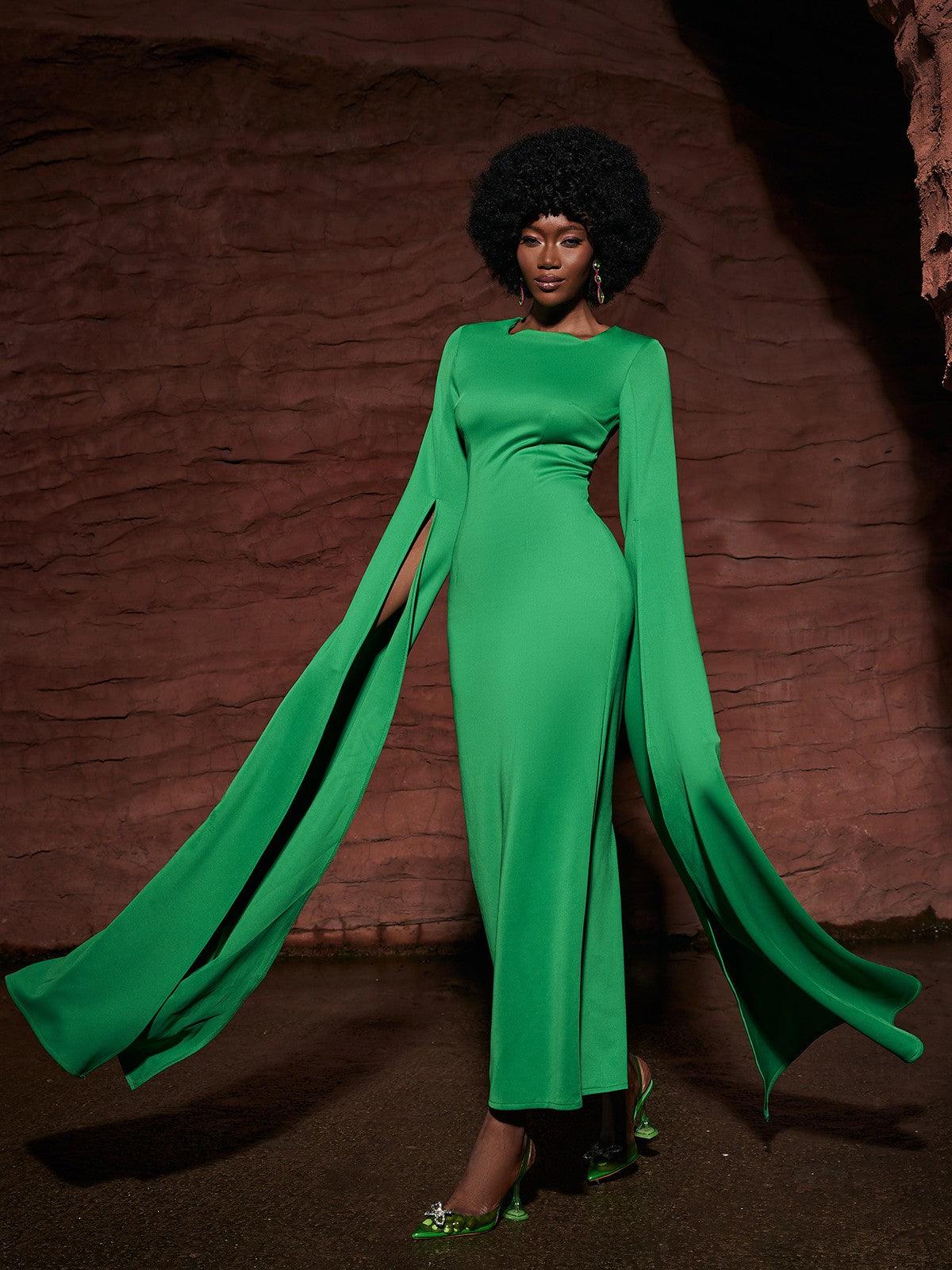 Gertie Long Sleeve Cutout Maxi Dress in green, showcasing its elegant design and perfect fit for any occasion.