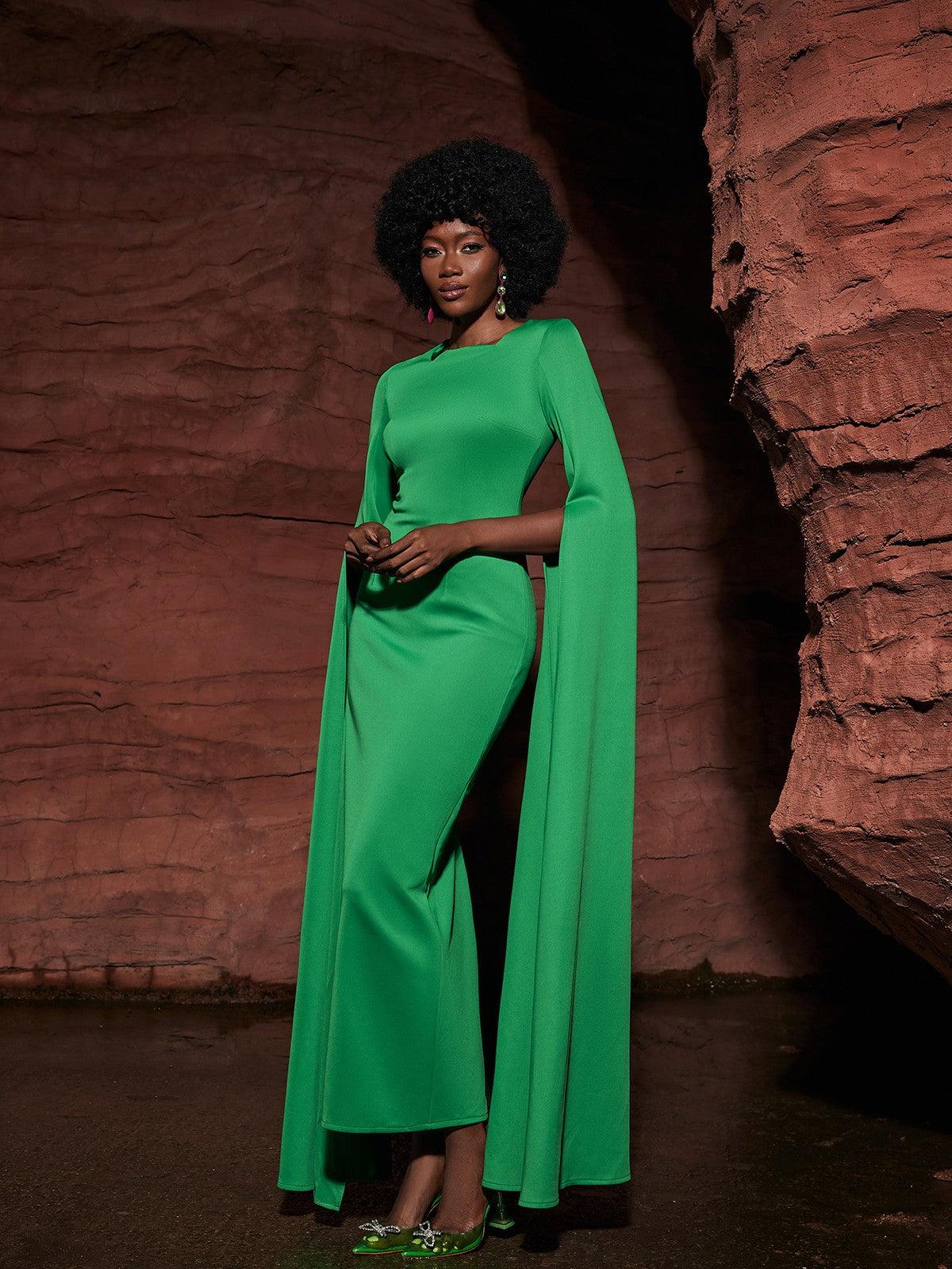 Gertie Long Sleeve Cutout Maxi Dress in green, showcasing its elegant design and perfect fit for any occasion.