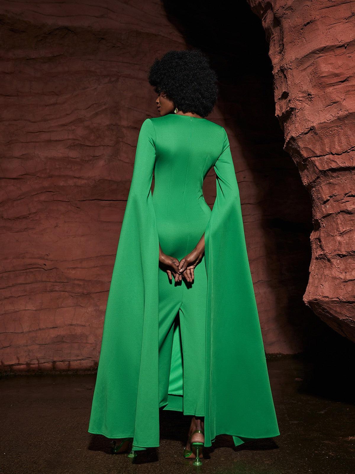 Gertie Long Sleeve Cutout Maxi Dress in green, showcasing its elegant design and perfect fit for any occasion.
