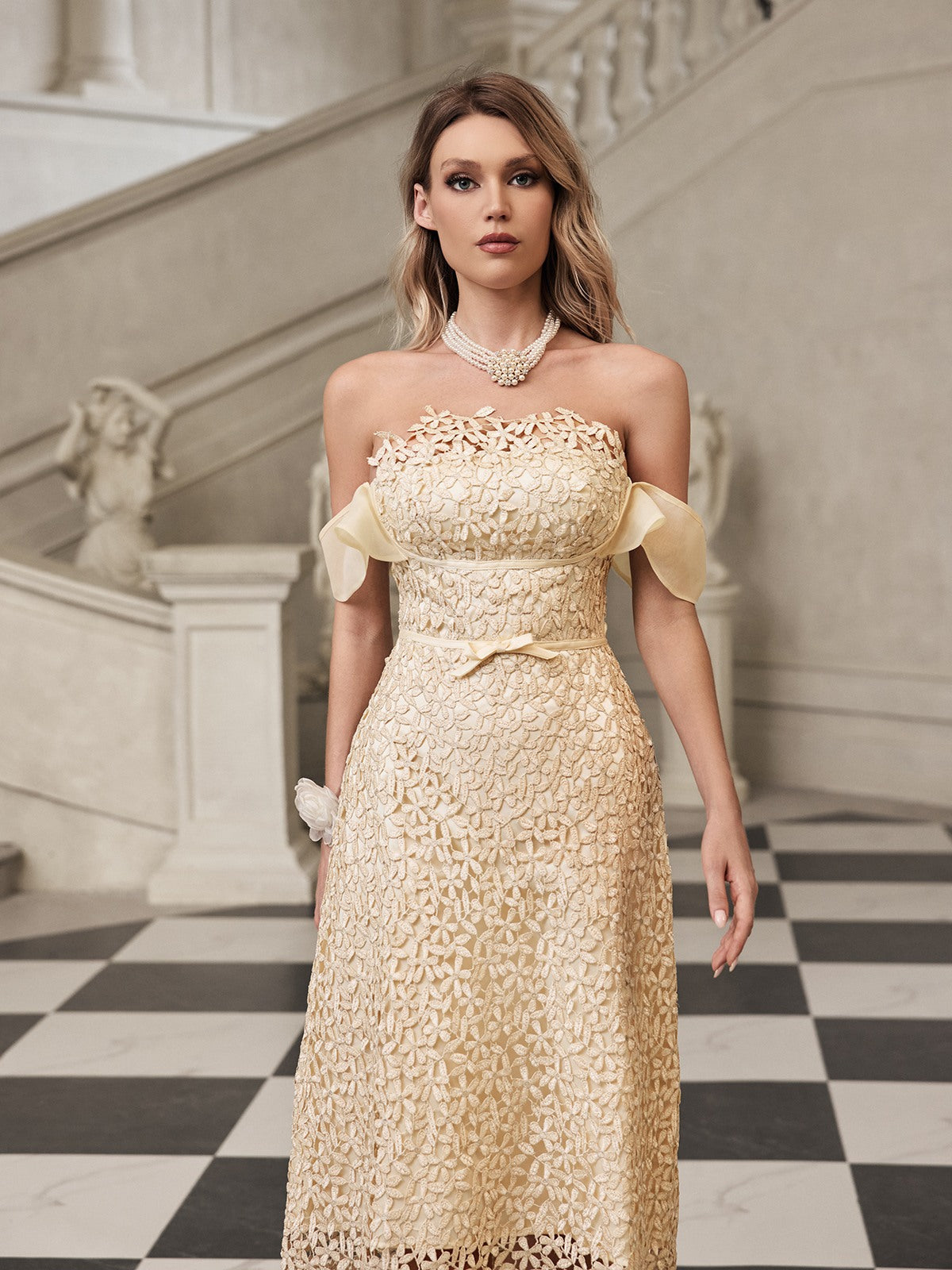 Geyren Off Shoulder Embroidered Midi Dress