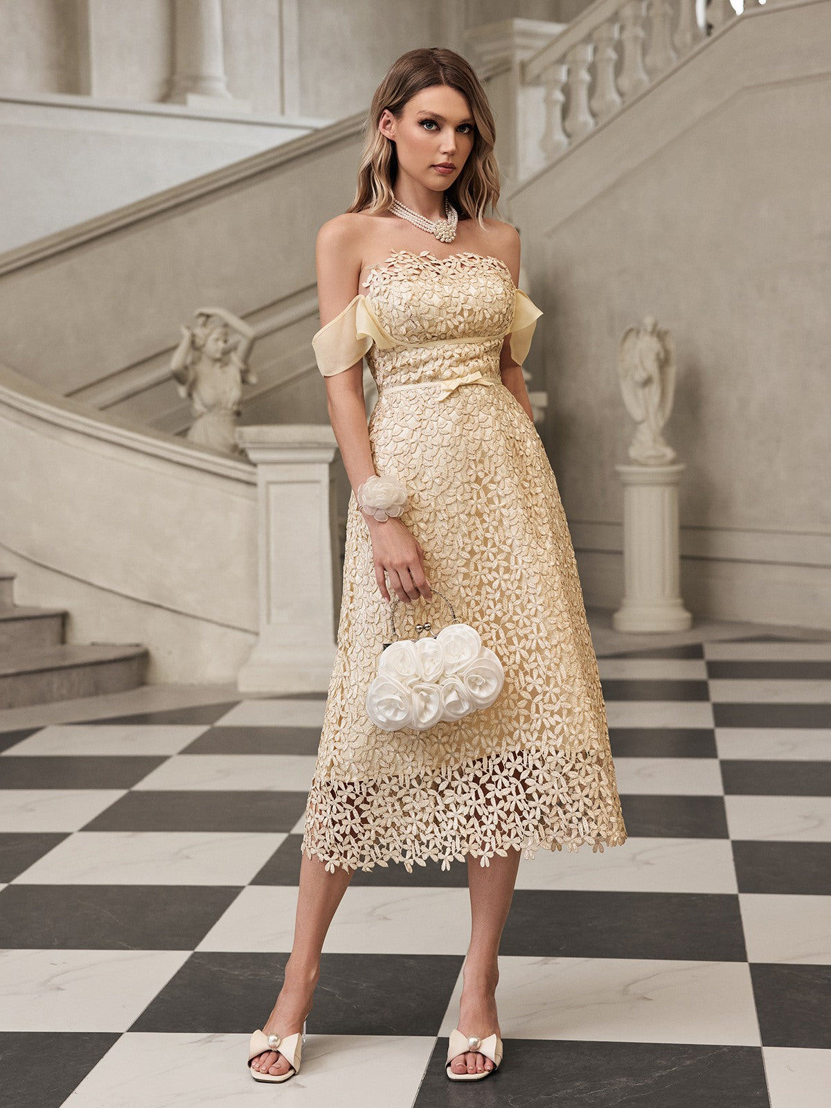 Geyren Off Shoulder Embroidered Midi Dress