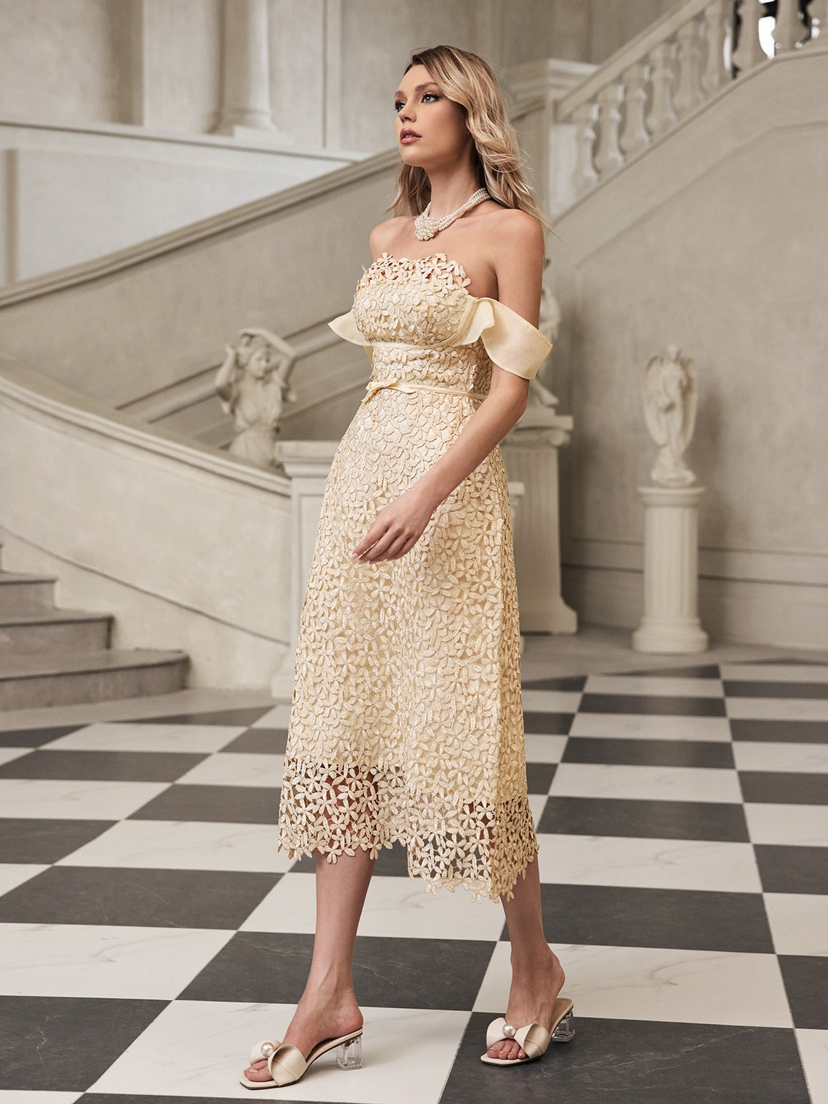Geyren Off Shoulder Embroidered Midi Dress