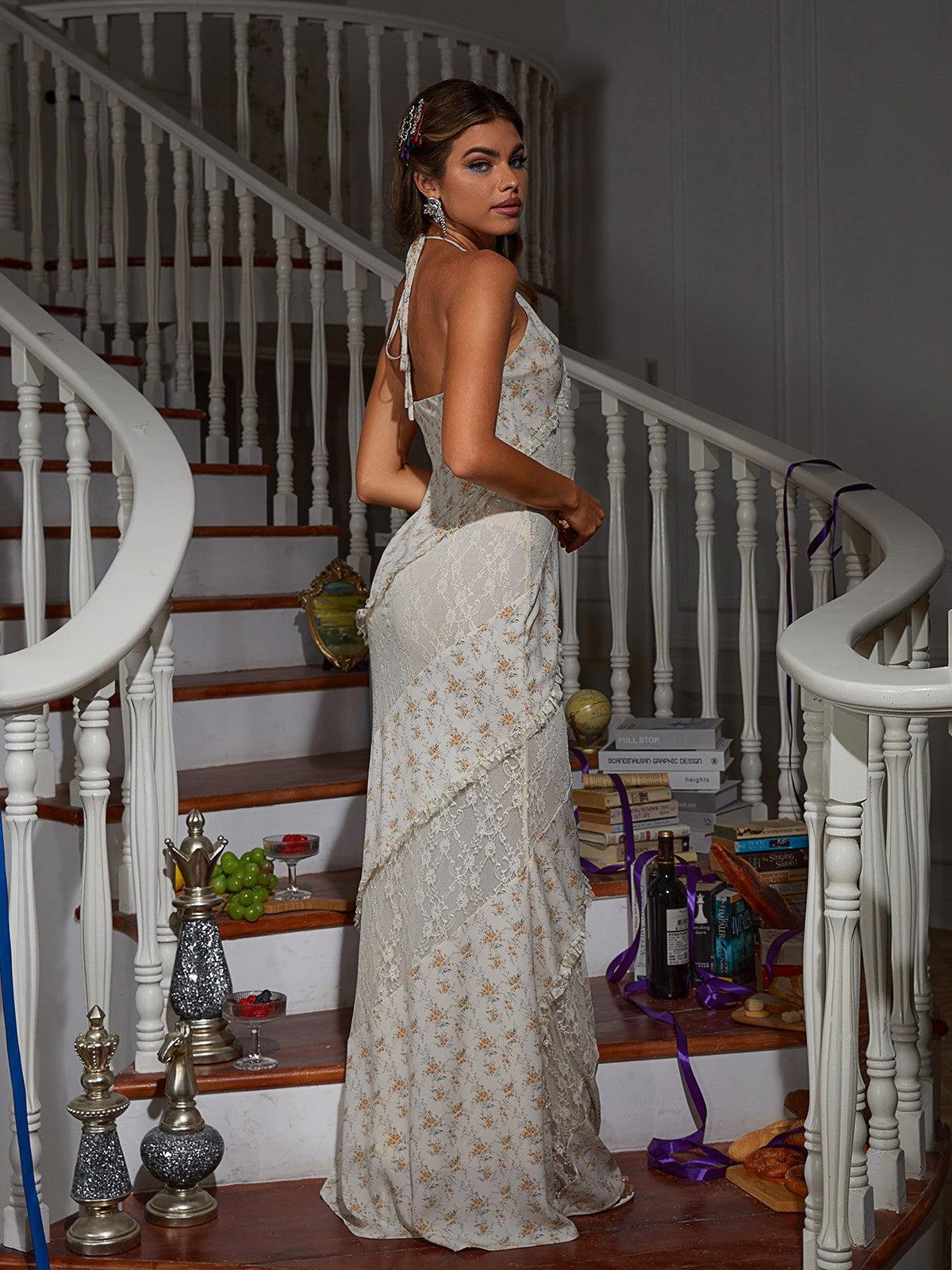 Gina Halterneck Floral Maxi Dress featuring elegant floral patchwork and comfortable design, perfect for wedding guests and special occasions.