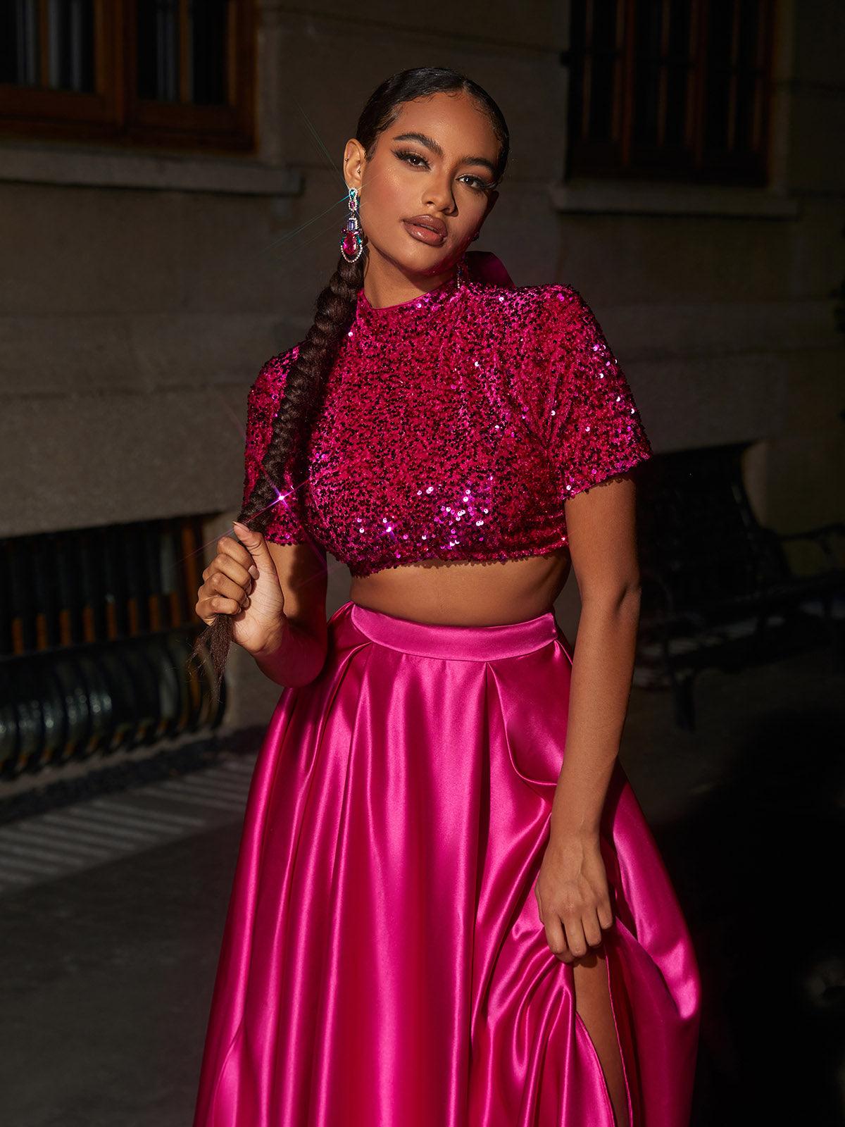 Ginebra Short Sleeve Split Skirt Set showcasing elegant satin fabric and stylish design for evening wear.